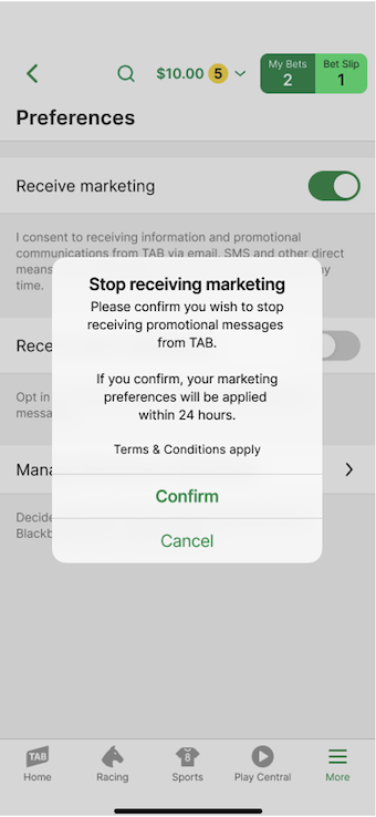 'Stop receiving marketing' confirmation screen.