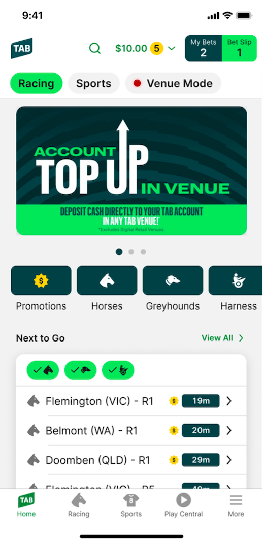 Image of TAB app homescreen. 'More' menu option is located in the bottom-right corner of the screen.