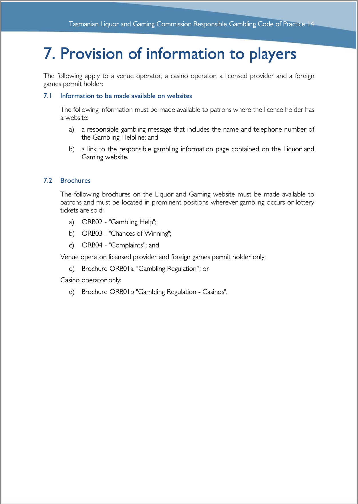 Tasmanian Liquor and Gaming Commission, Responsible Gambling Code of Practice