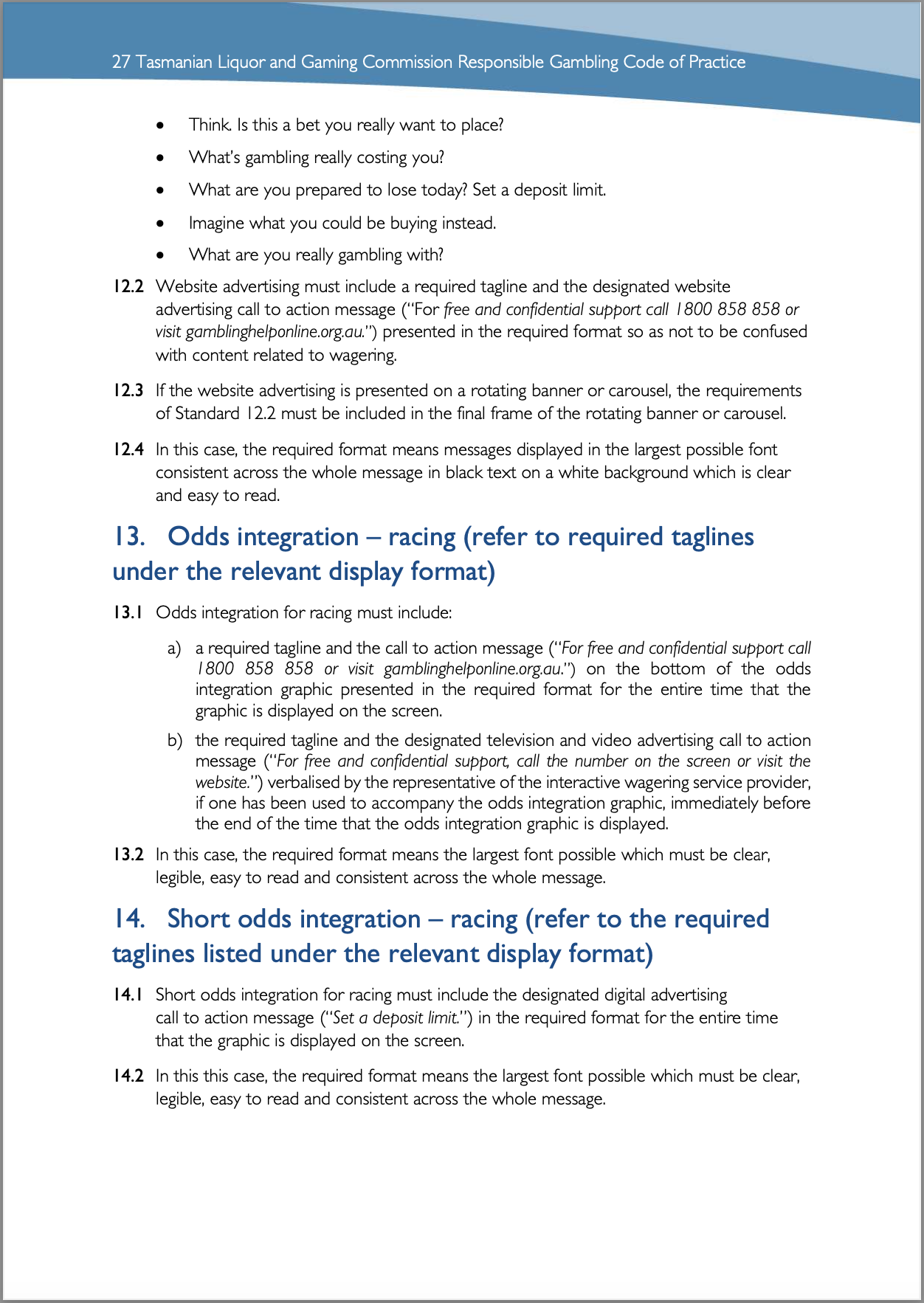 Tasmanian Liquor and Gaming Commission, Responsible Gambling Code of Practice