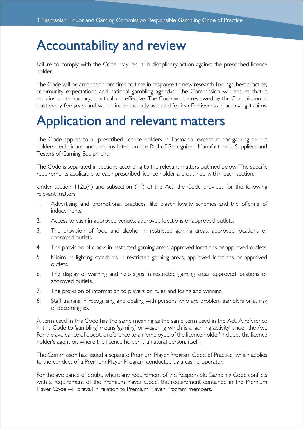 Tasmanian Liquor and Gaming Commission, Responsible Gambling Code of Practice