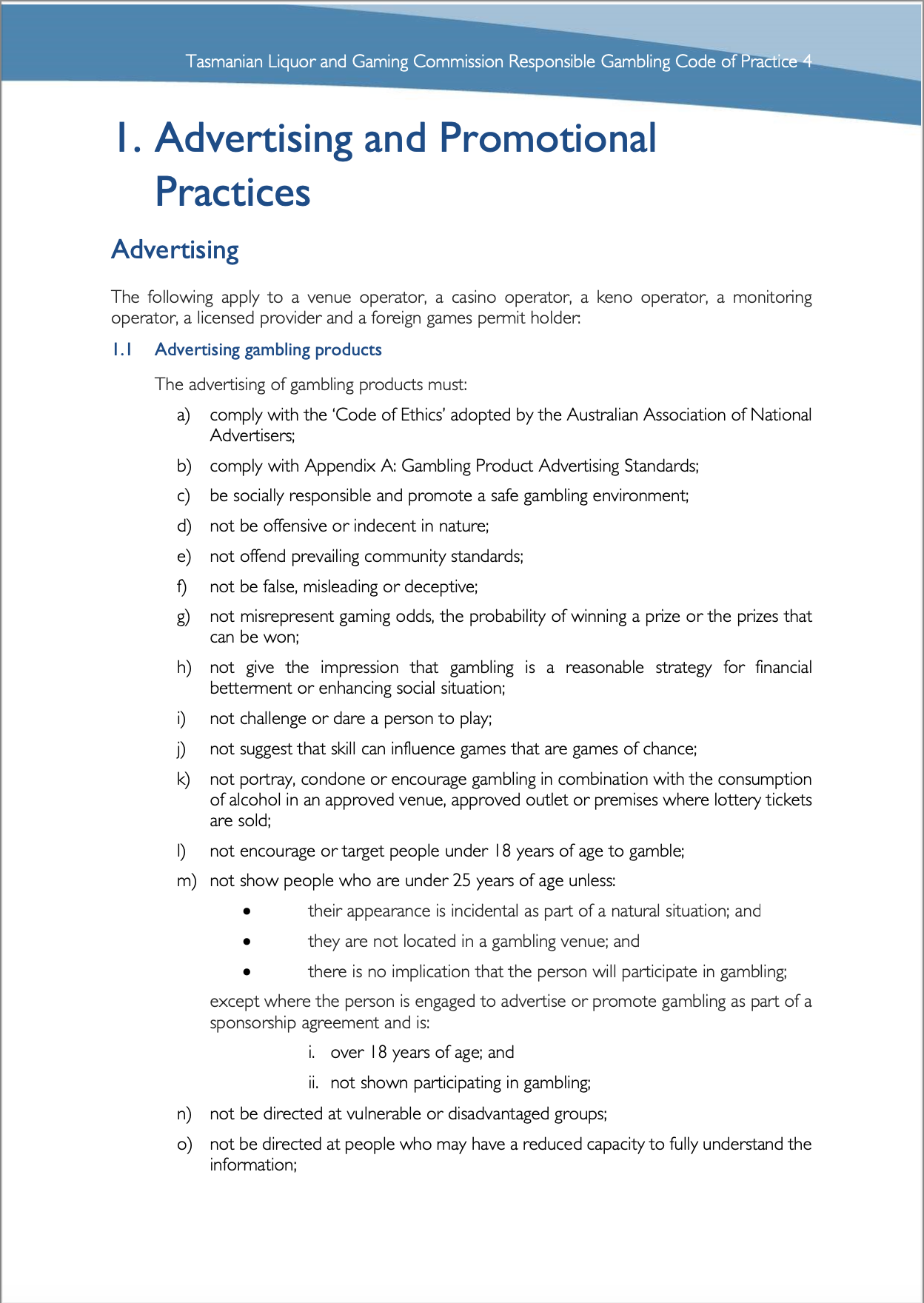 Tasmanian Liquor and Gaming Commission, Responsible Gambling Code of Practice