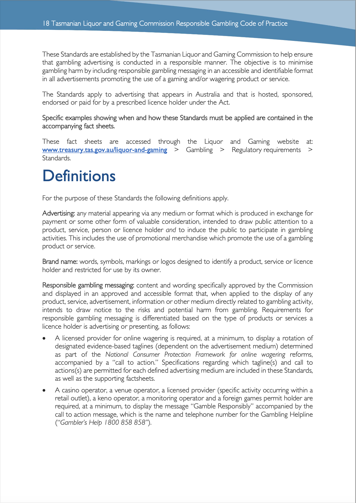 Tasmanian Liquor and Gaming Commission, Responsible Gambling Code of Practice