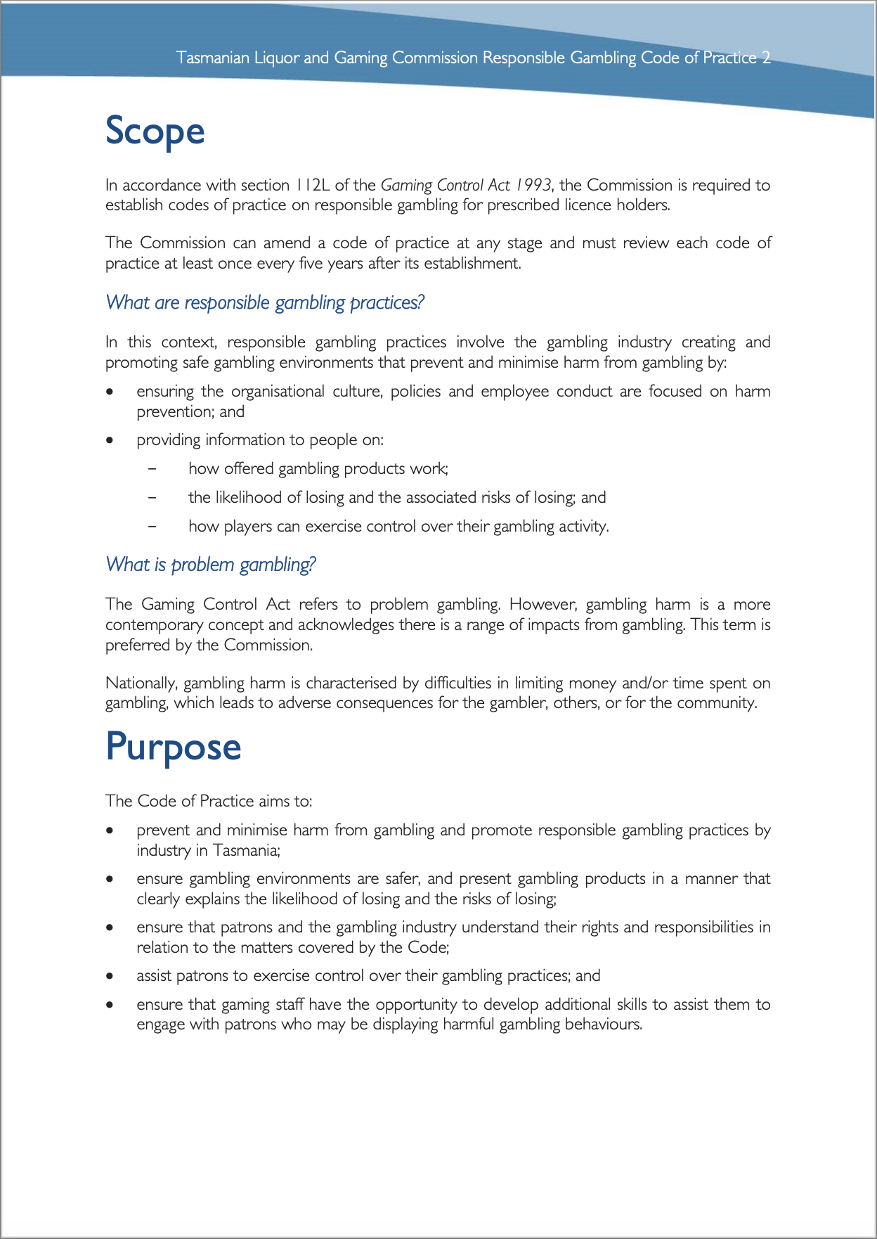 Tasmanian Liquor and Gaming Commission, Responsible Gambling Code of Practice