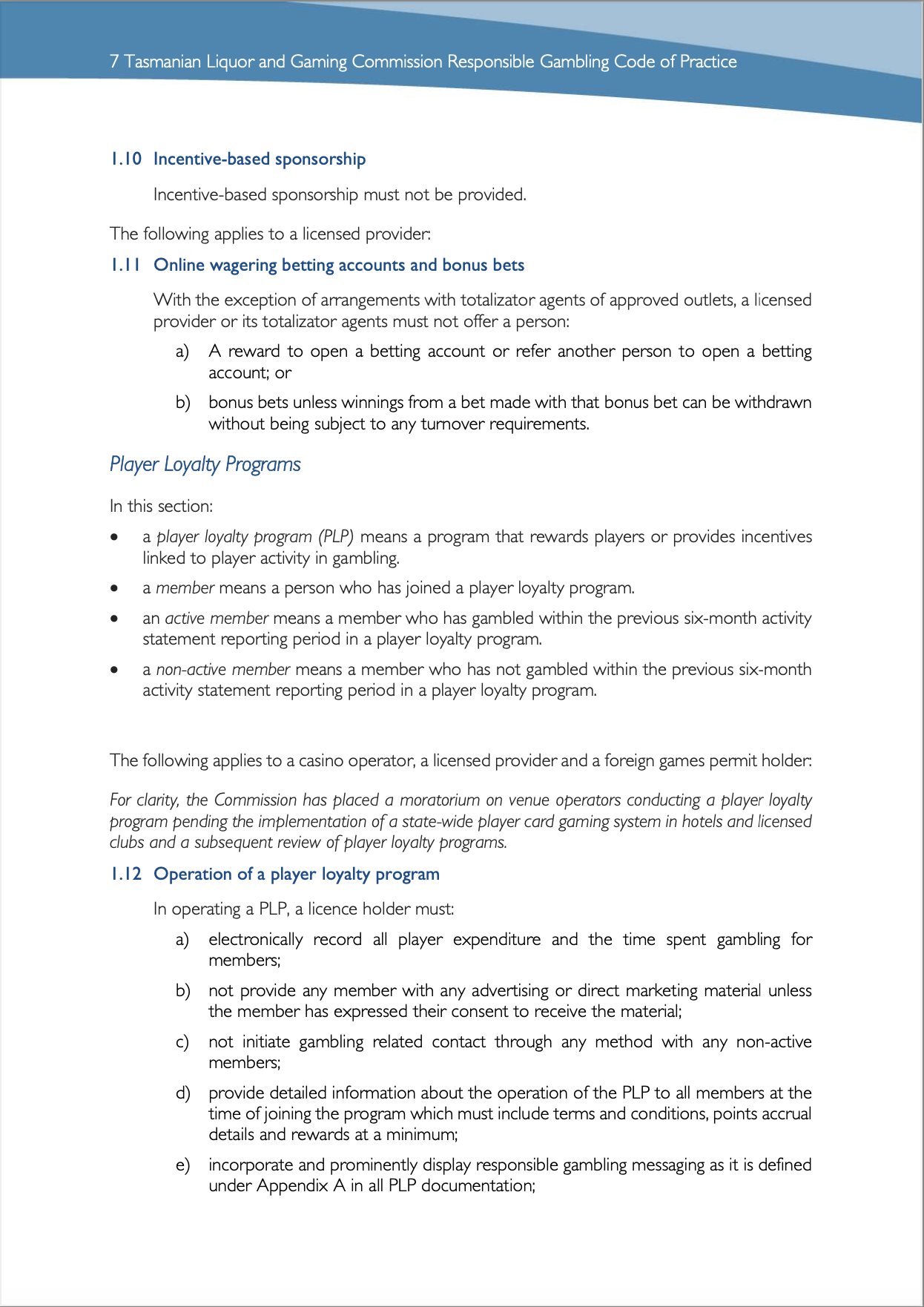 Tasmanian Liquor and Gaming Commission, Responsible Gambling Code of Practice