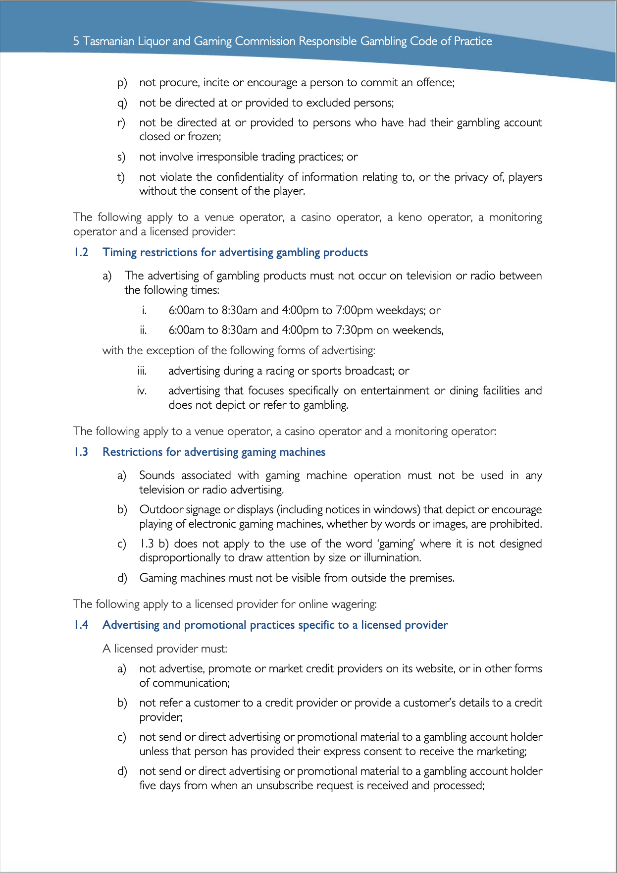 Tasmanian Liquor and Gaming Commission, Responsible Gambling Code of Practice