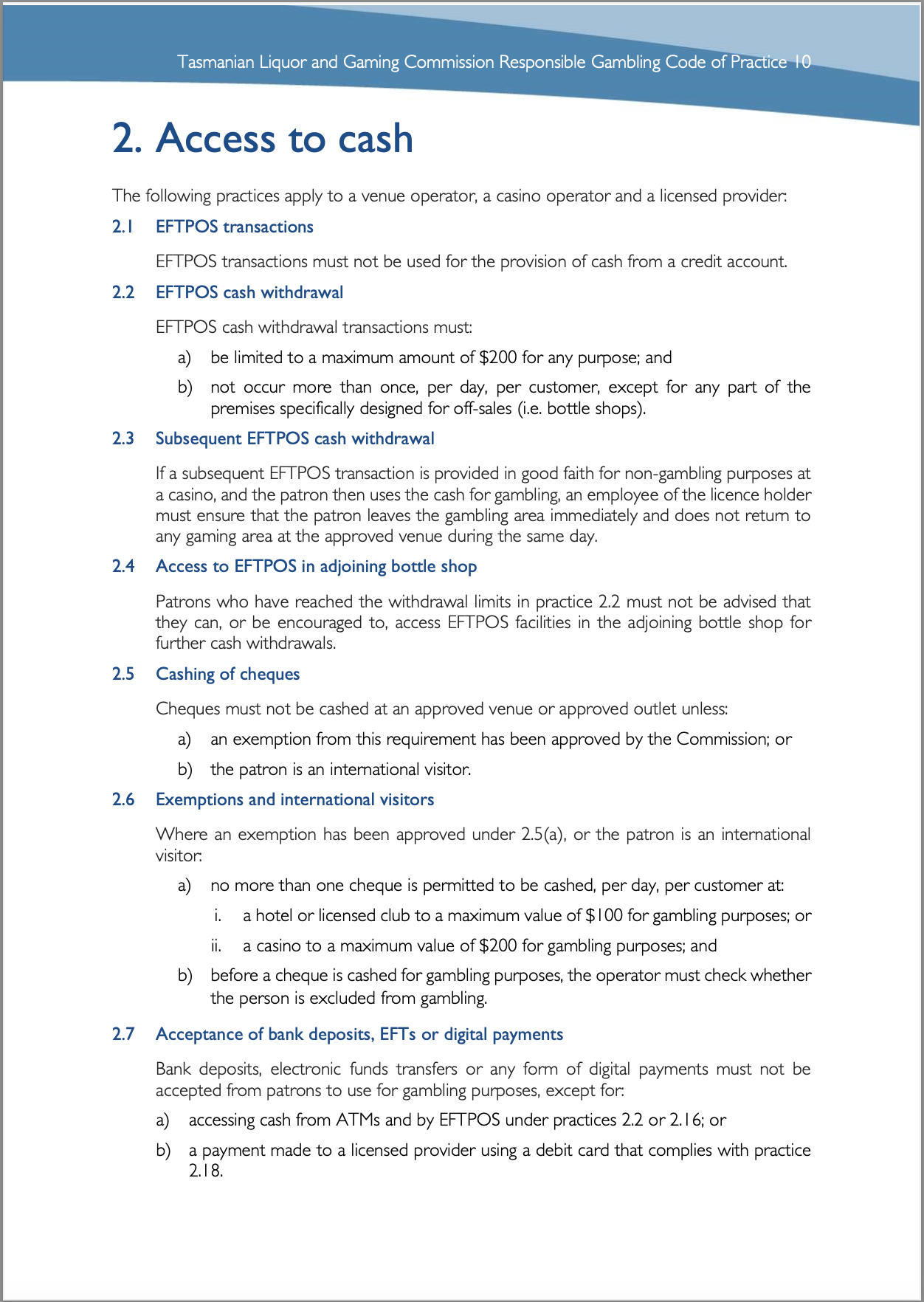 Tasmanian Liquor and Gaming Commission, Responsible Gambling Code of Practice