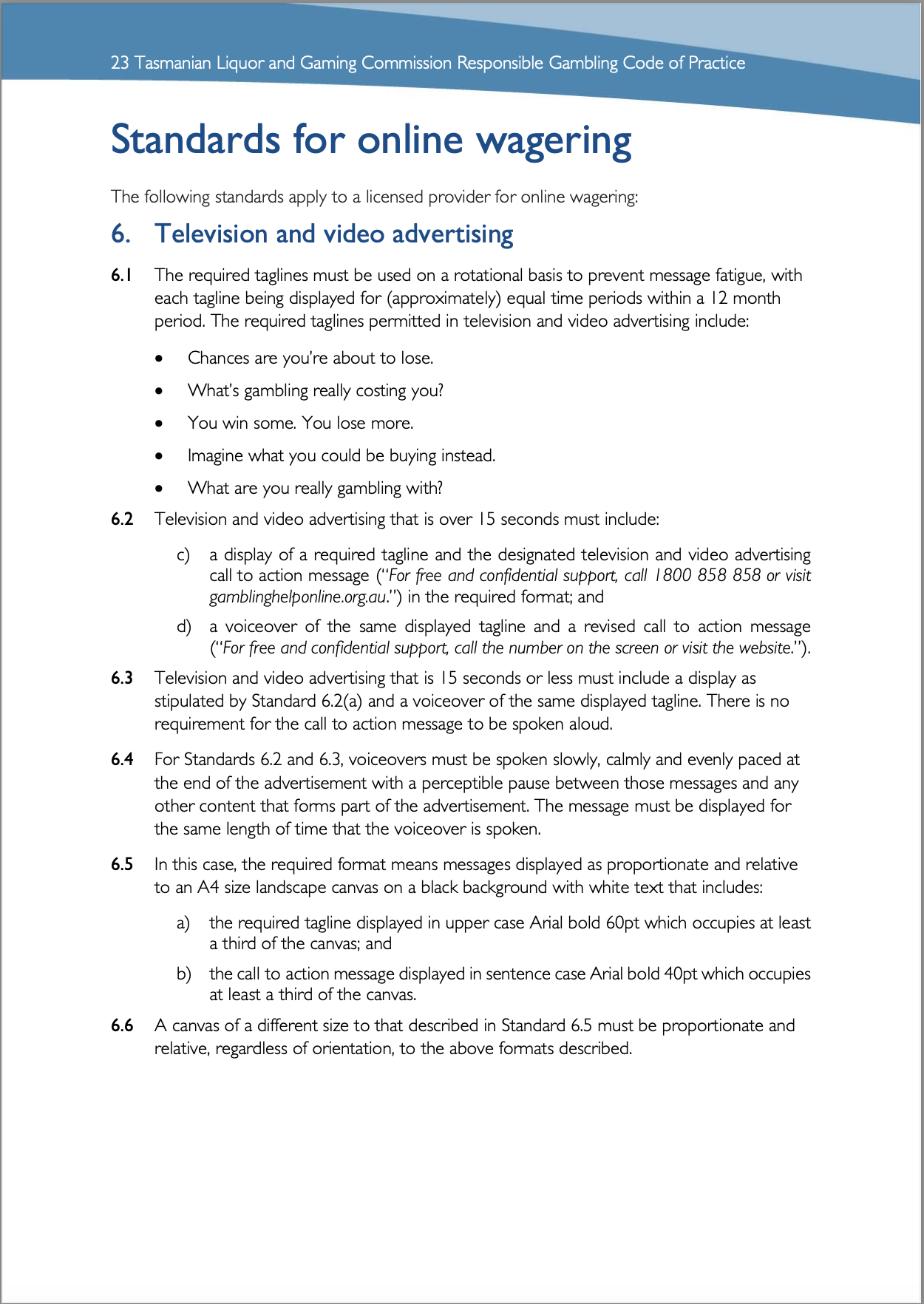 Tasmanian Liquor and Gaming Commission, Responsible Gambling Code of Practice