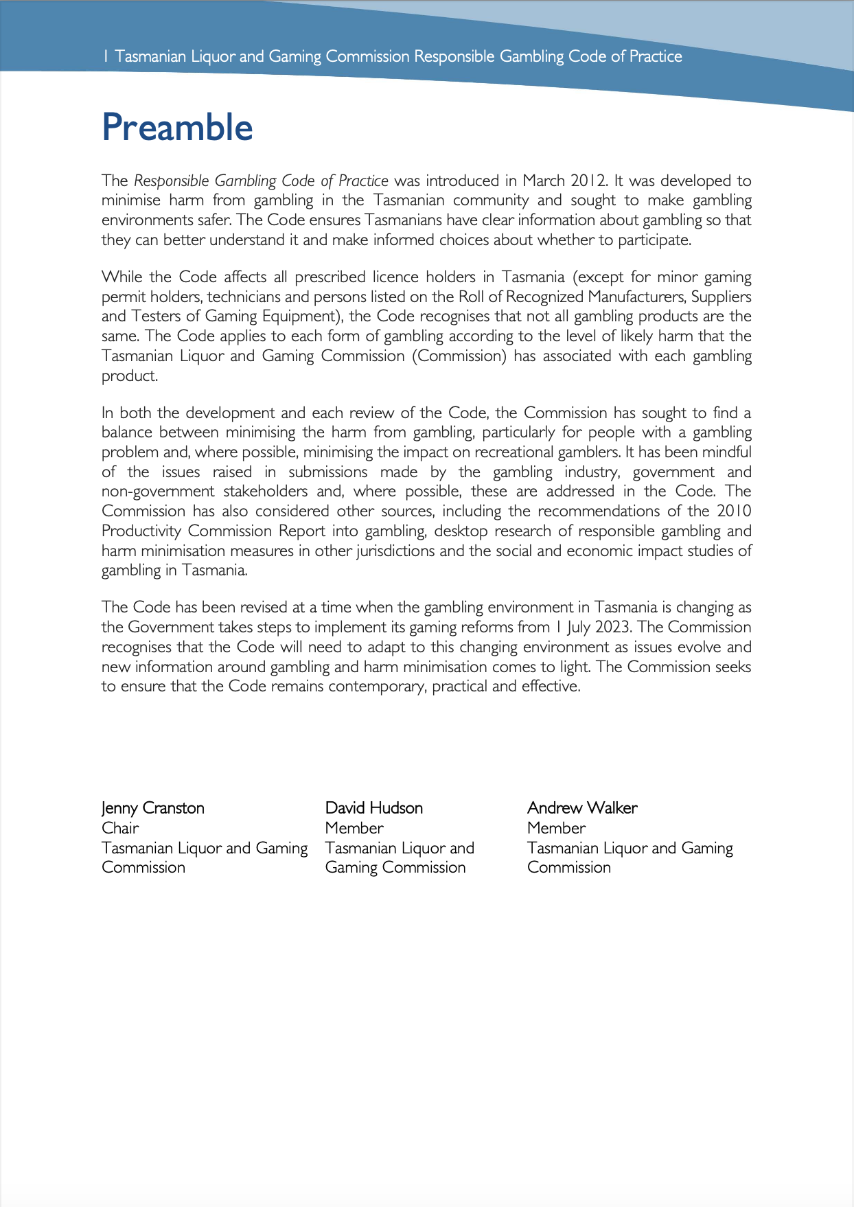 Tasmanian Liquor and Gaming Commission, Responsible Gambling Code of Practice