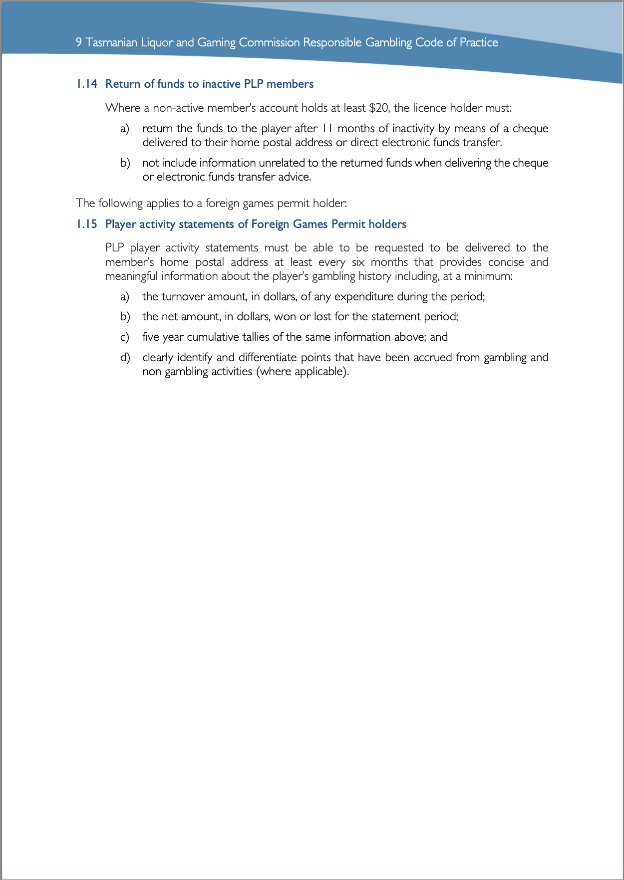 Tasmanian Liquor and Gaming Commission, Responsible Gambling Code of Practice