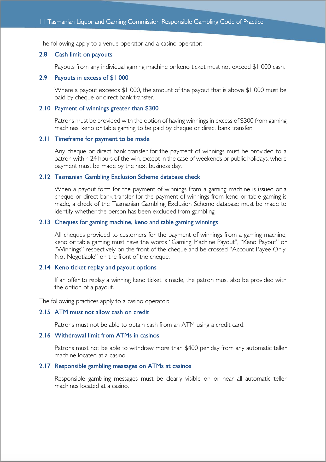 Tasmanian Liquor and Gaming Commission, Responsible Gambling Code of Practice