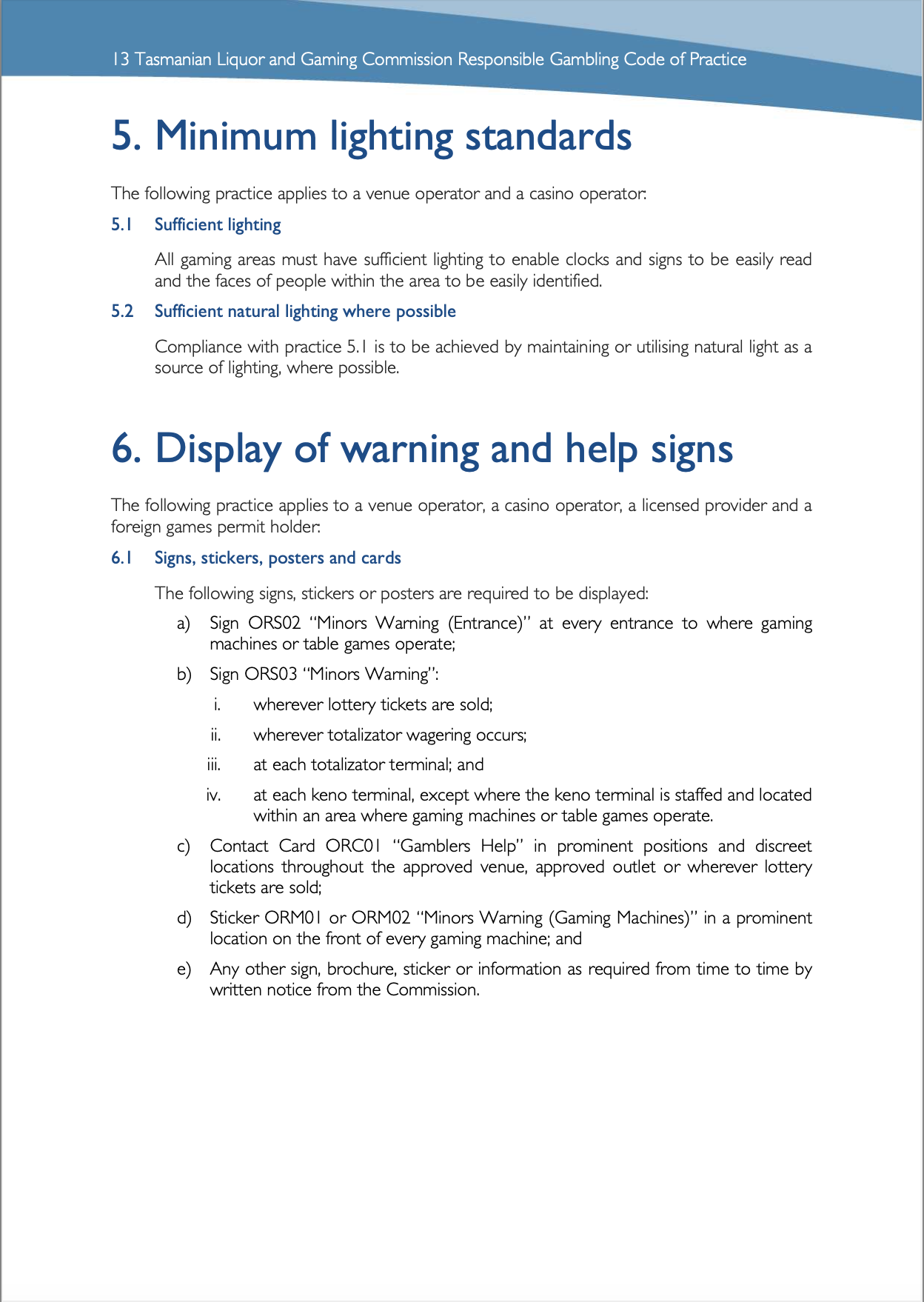 Tasmanian Liquor and Gaming Commission, Responsible Gambling Code of Practice