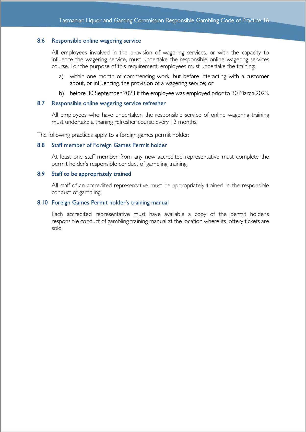 Tasmanian Liquor and Gaming Commission, Responsible Gambling Code of Practice