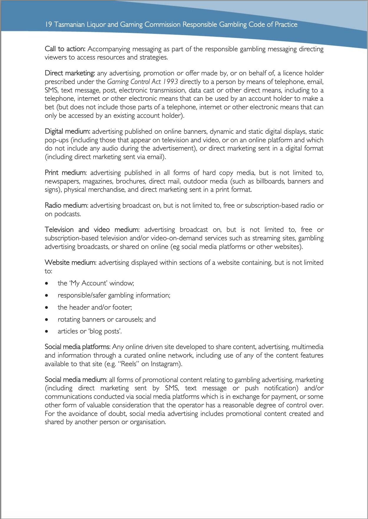 Tasmanian Liquor and Gaming Commission, Responsible Gambling Code of Practice