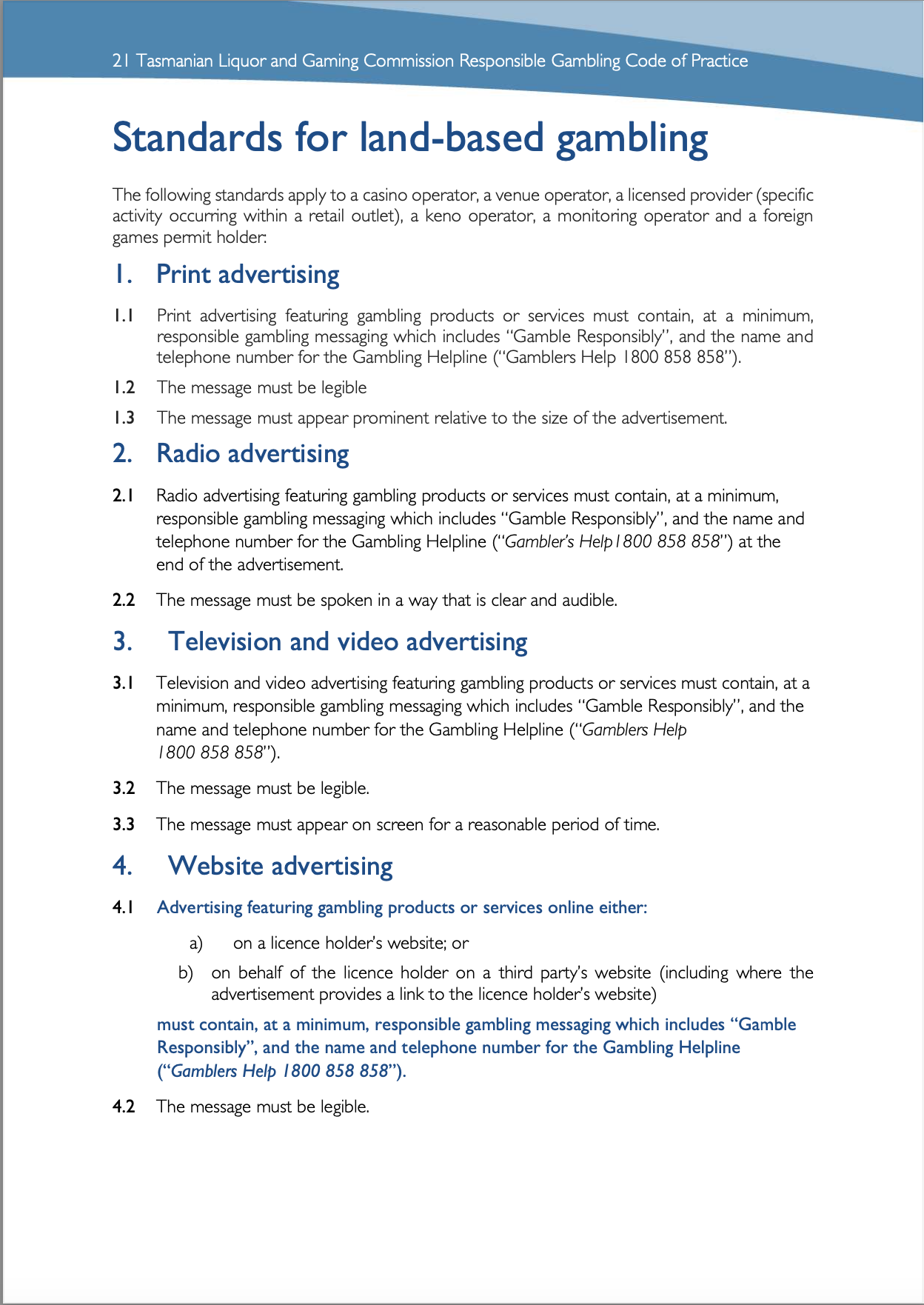 Tasmanian Liquor and Gaming Commission, Responsible Gambling Code of Practice