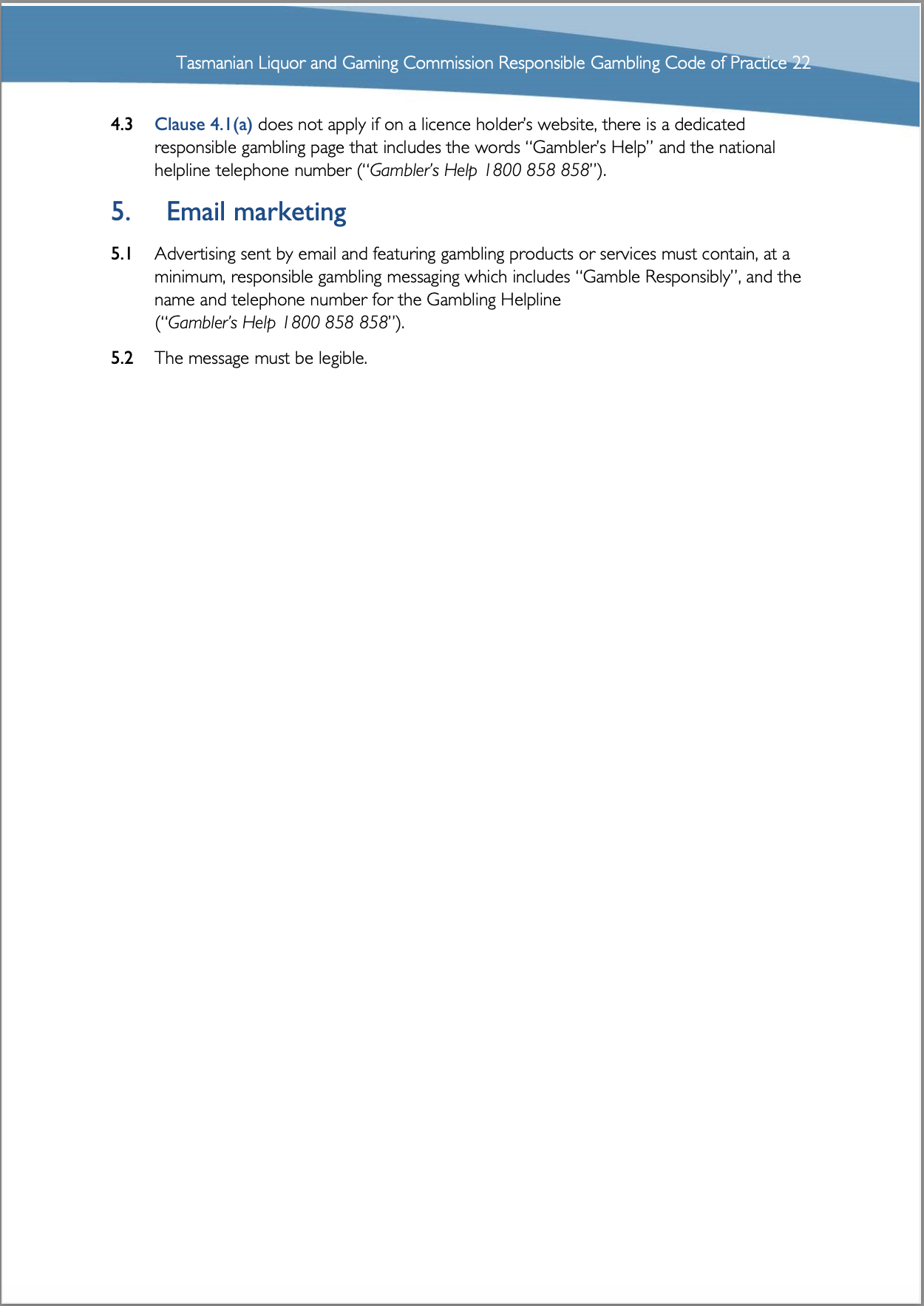 Tasmanian Liquor and Gaming Commission, Responsible Gambling Code of Practice