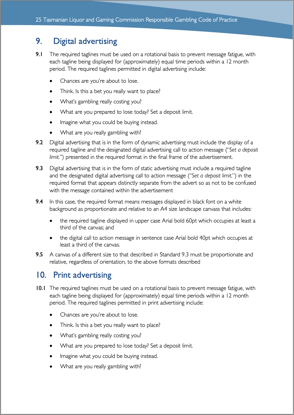 Tasmanian Liquor and Gaming Commission, Responsible Gambling Code of Practice
