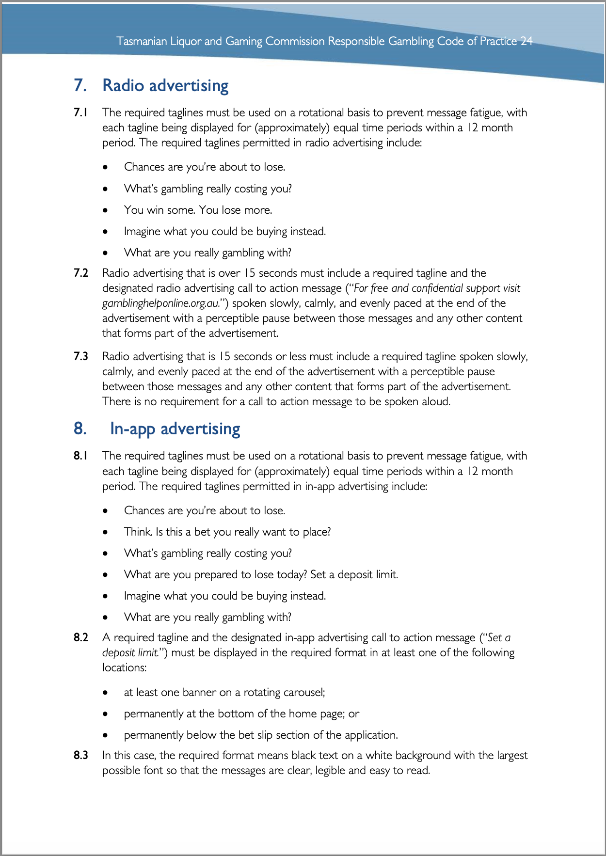 Tasmanian Liquor and Gaming Commission, Responsible Gambling Code of Practice