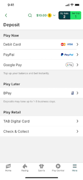 TAB app deposit screen.