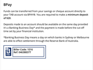 tab.com.au deposit screen, BPAY option.