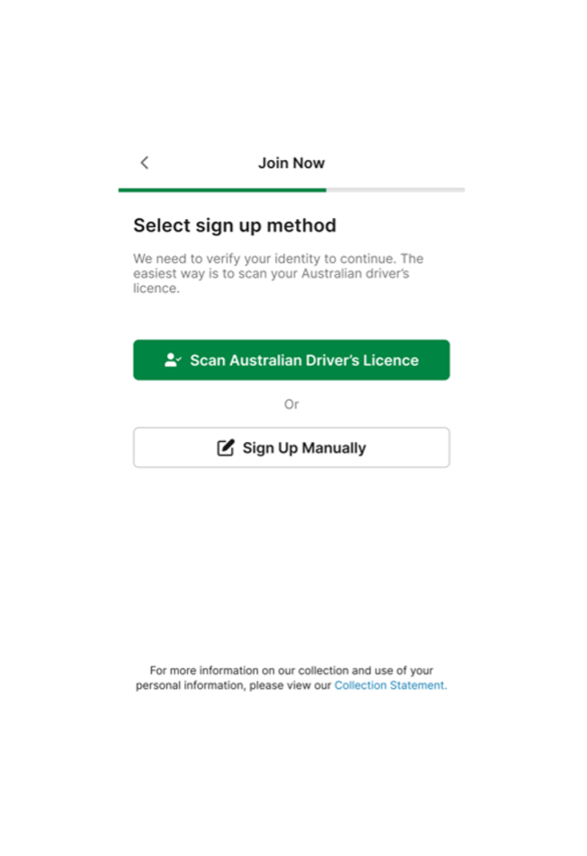 TAB app, select sign up method screen.