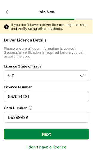 TAB app 'Join Now', enter driver's license details screen.