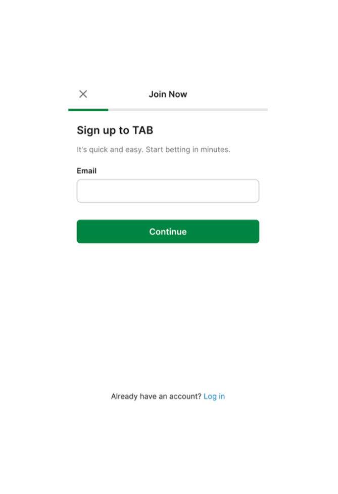 TAB app 'Join Now' enter email address screen.