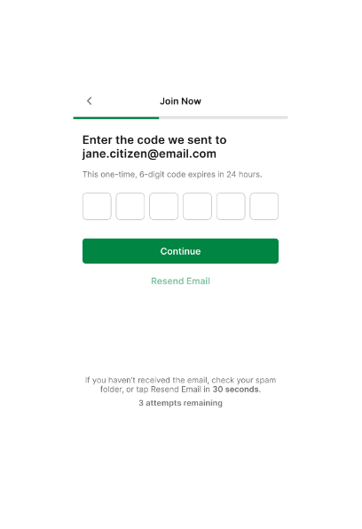 TAB app enter code to verify email address screen.
