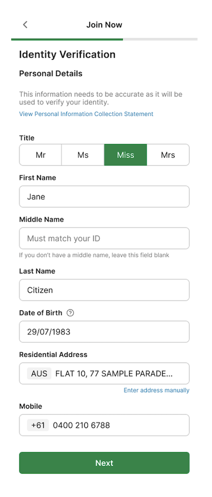 TAB app 'Join Now' enter personal details screen.
