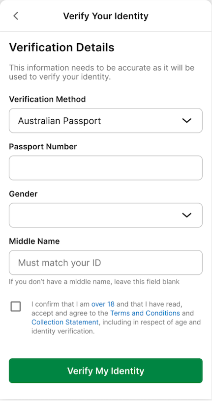 TAB app 'Join Now', 'Verify Your Identity' screen.