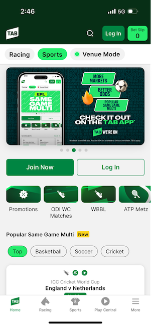 TAB app homescreen with 'Join Now' option.