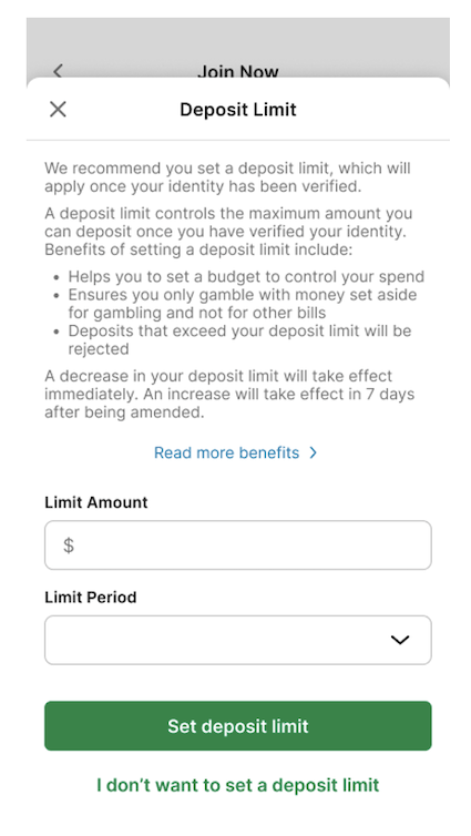 TAB app 'Set Deposit Limit' screen.
