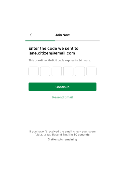 TAB app 'Verify Email Address' enter code screen.