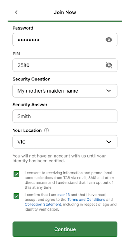 TAB app 'Join Now' set password screen.