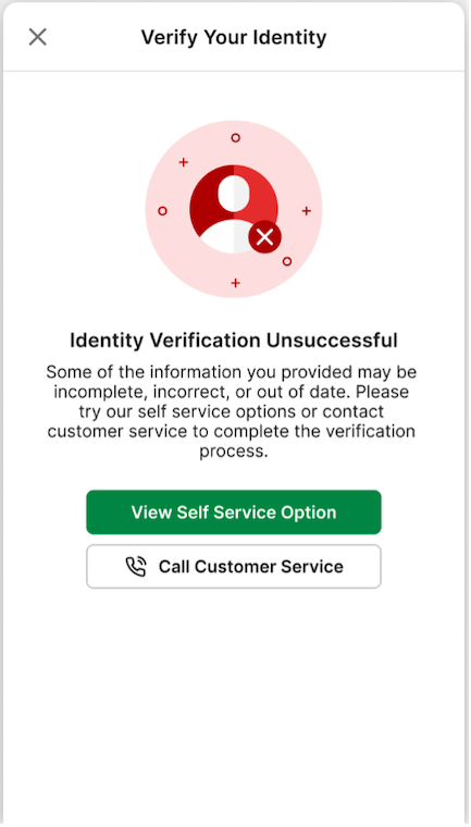 TAB app 'Identity Verification Unsuccessful' screen.
