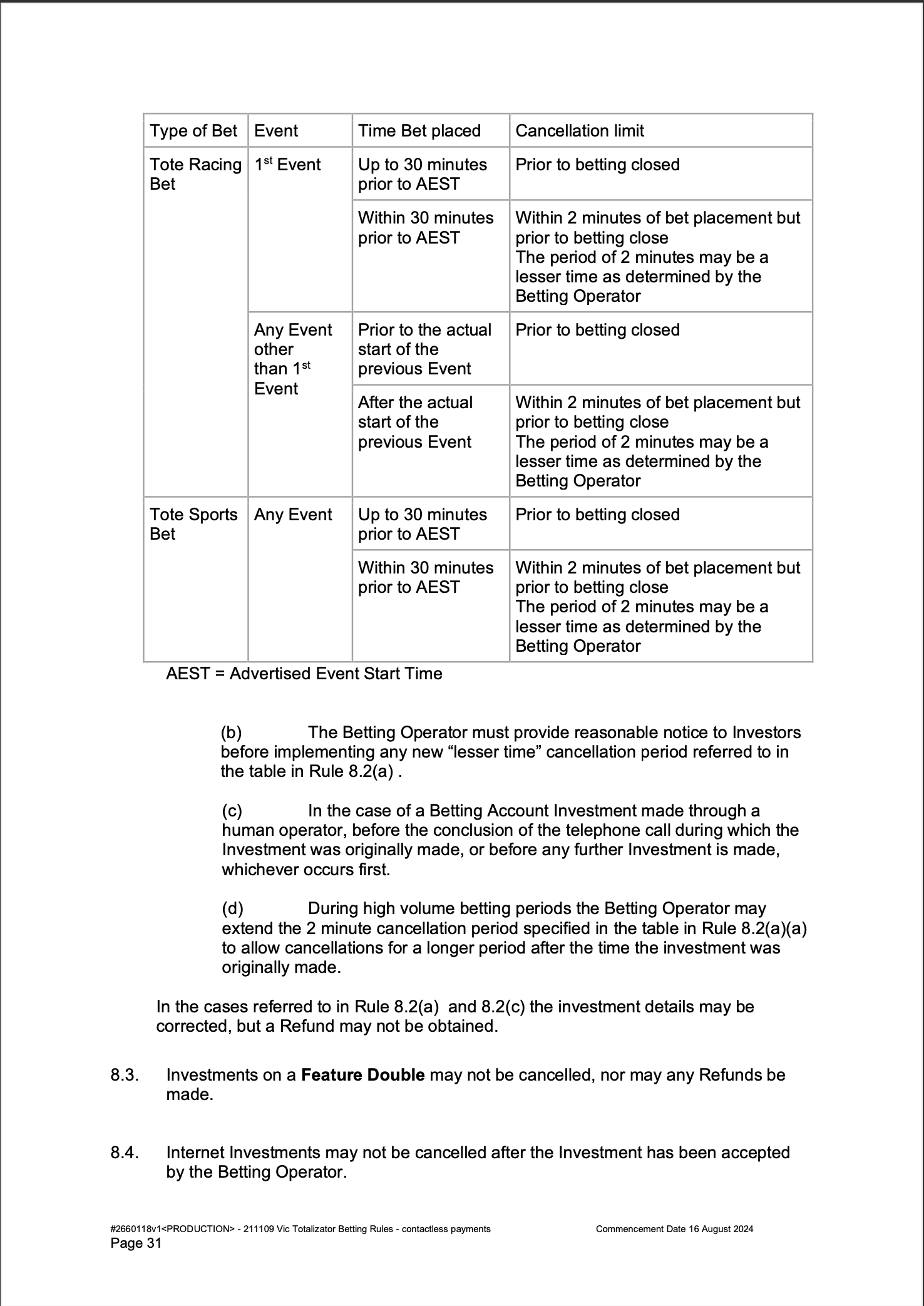 VIC Totalisator Betting Rules (Racing) page 31