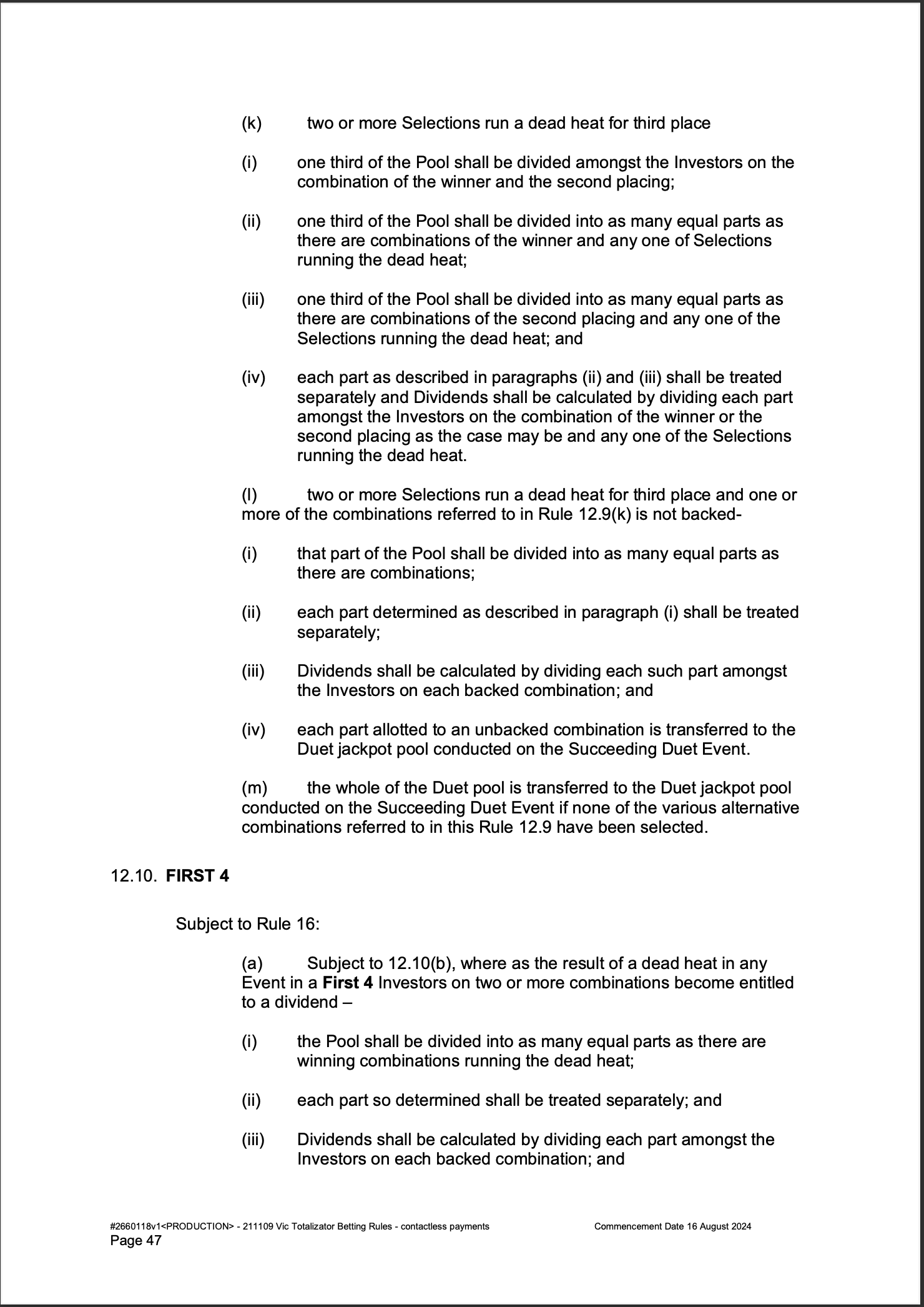VIC Totalisator Betting Rules (Racing) page 47