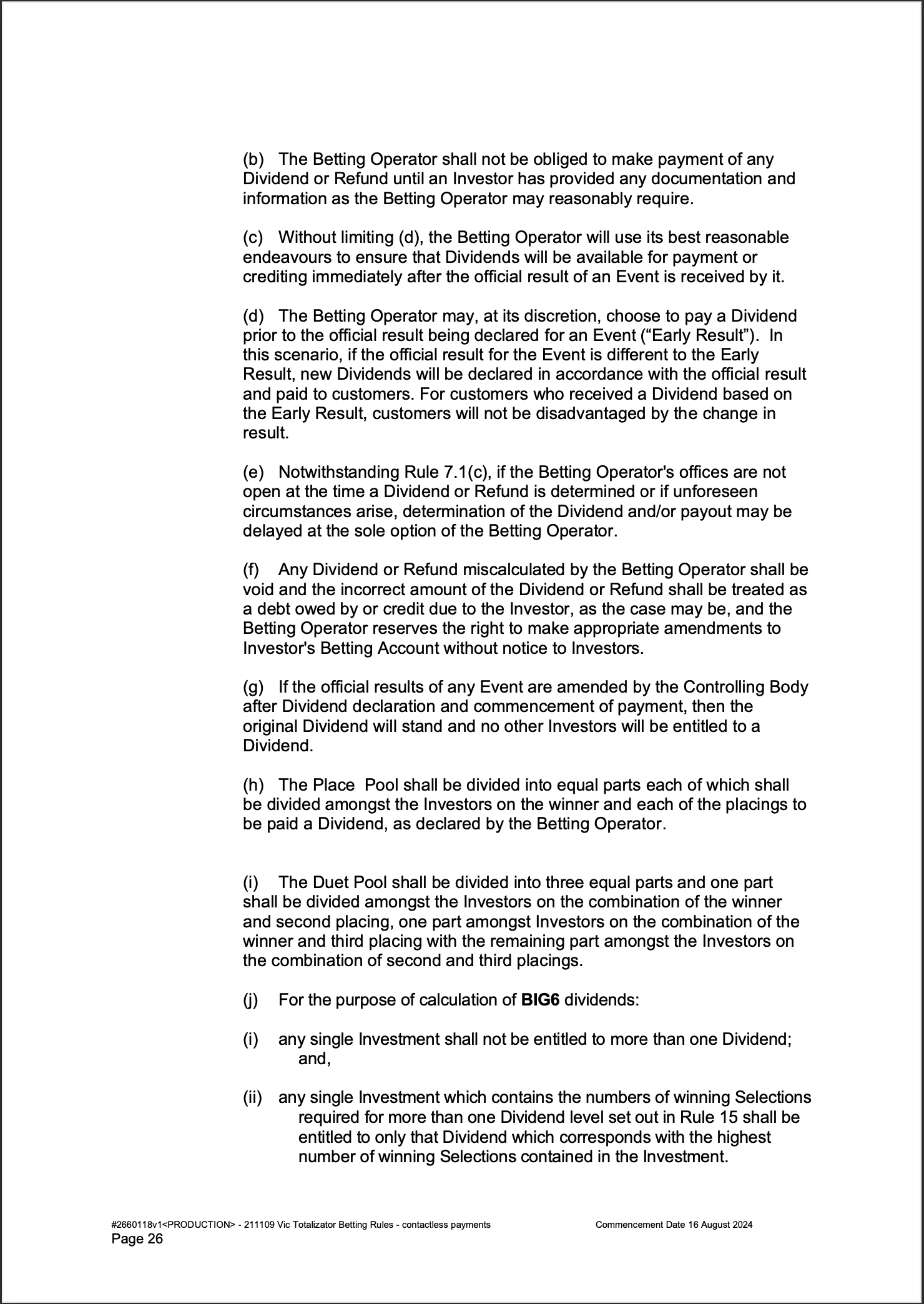 VIC Totalisator Betting Rules (Racing) page 26