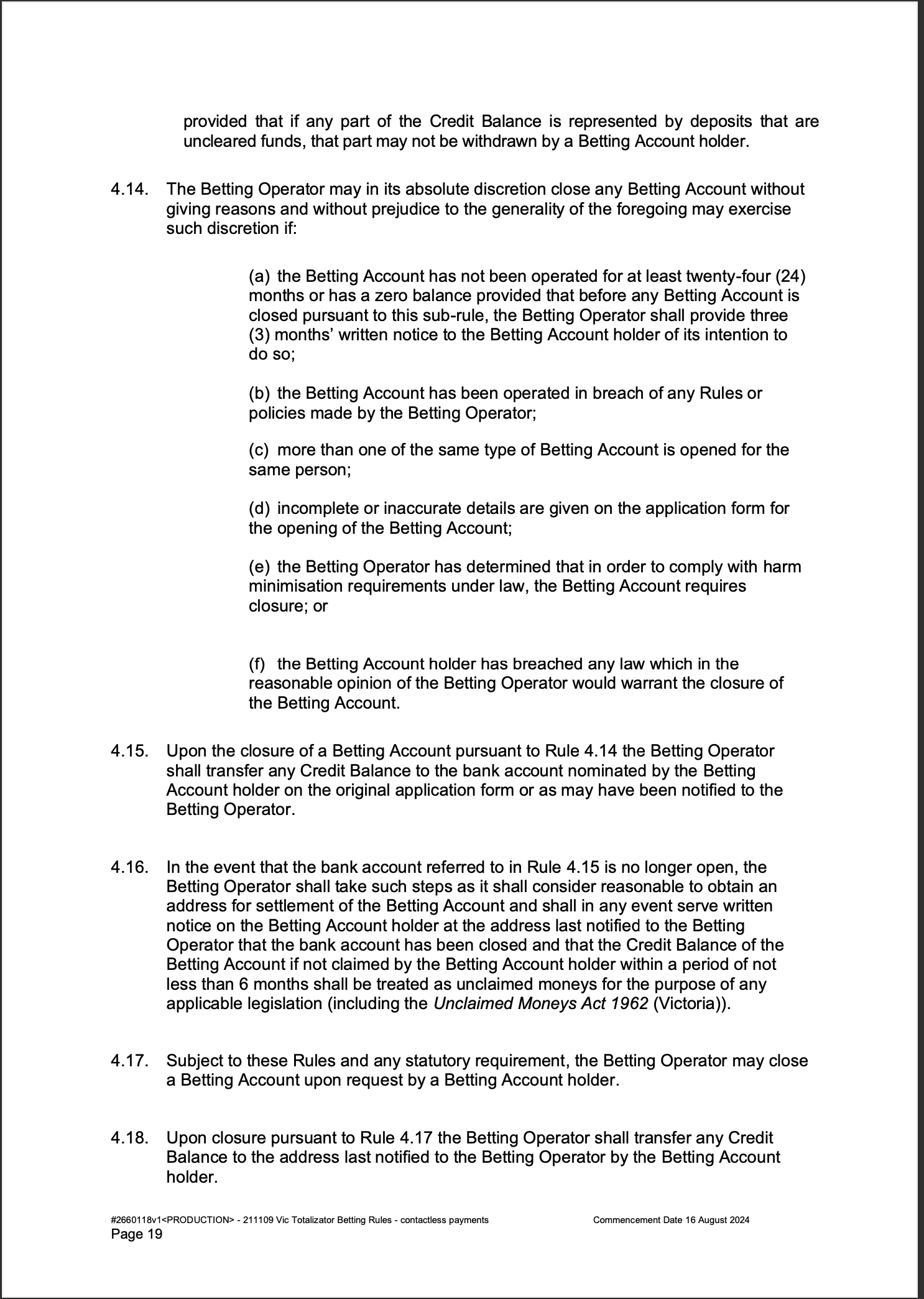 VIC Totalisator Betting Rules (Racing)