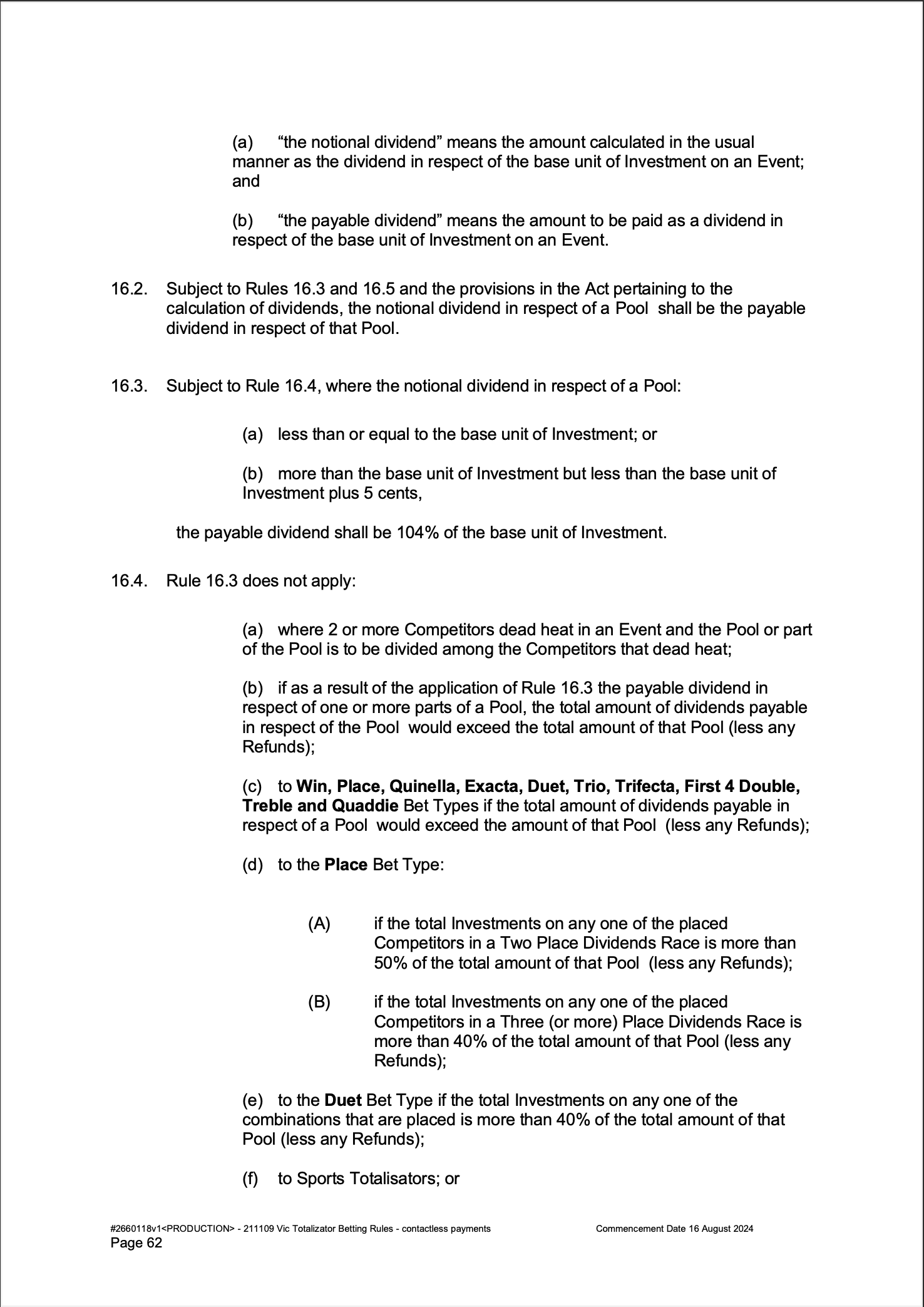 VIC Totalisator Betting Rules (Racing) page 62