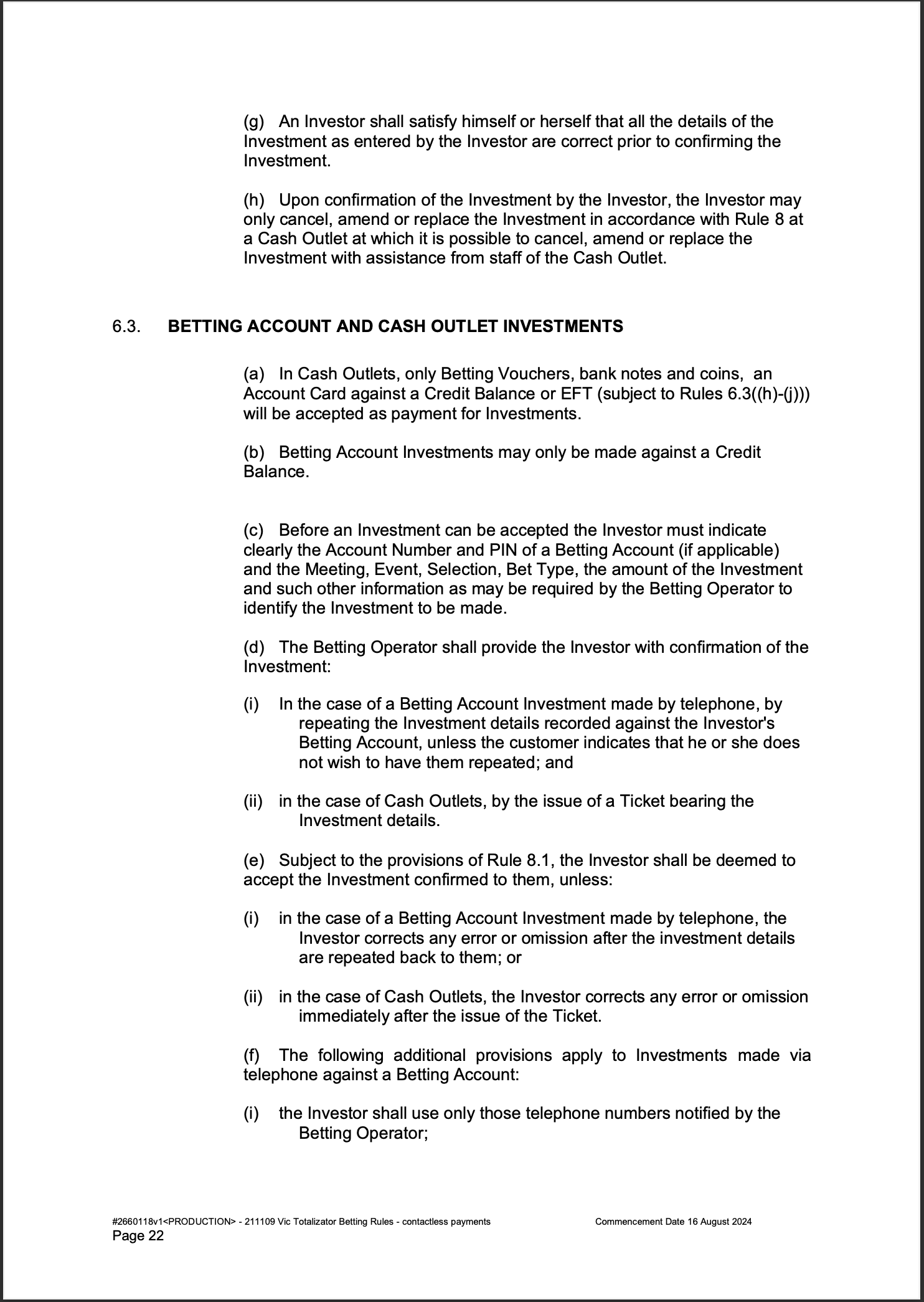 VIC Totalisator Betting Rules (Racing) page 22