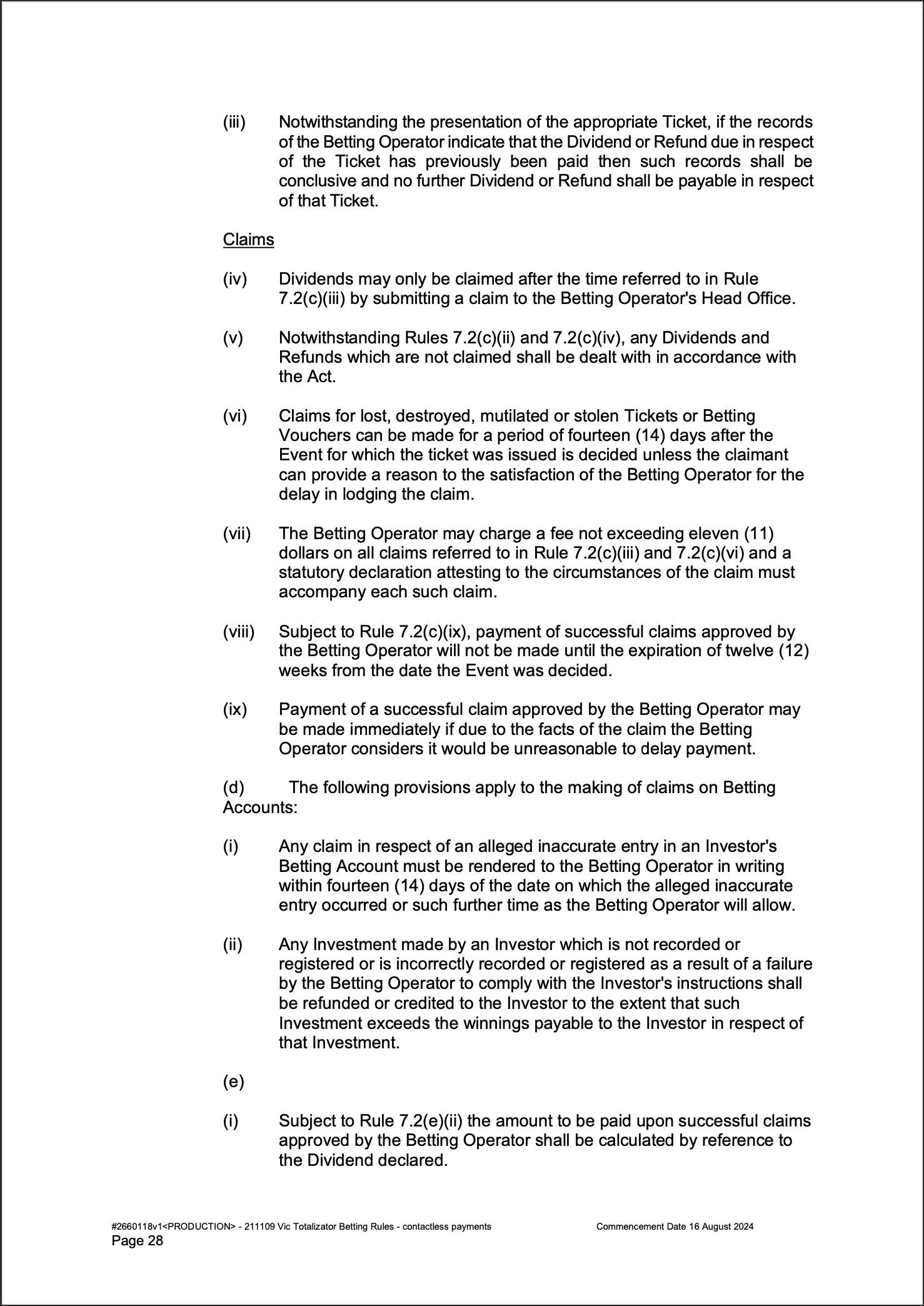 VIC Totalisator Betting Rules (Racing) page 28