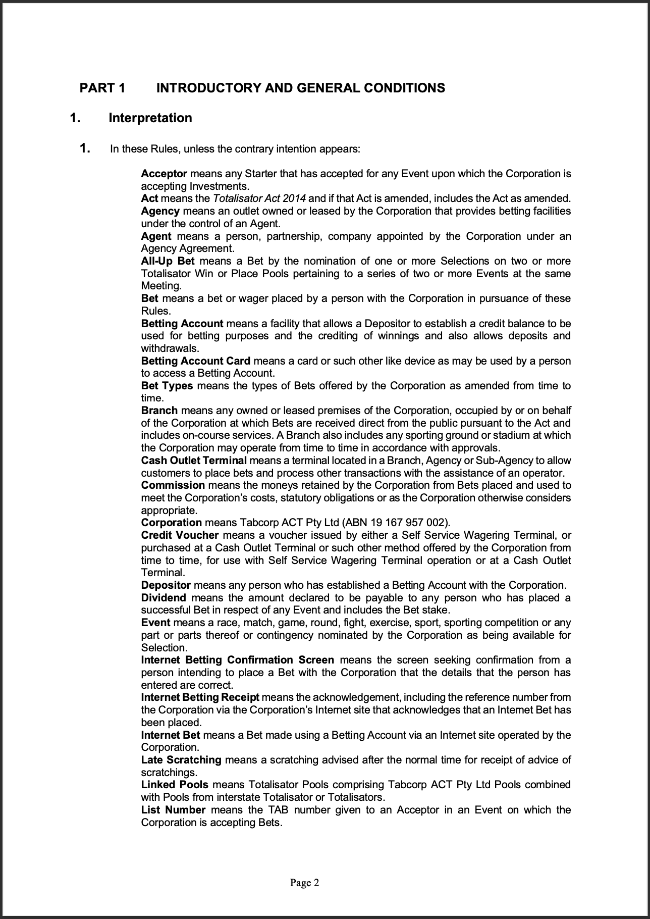 Tabcorp ACT Pty Ltd Totalisator Rules (Racing)