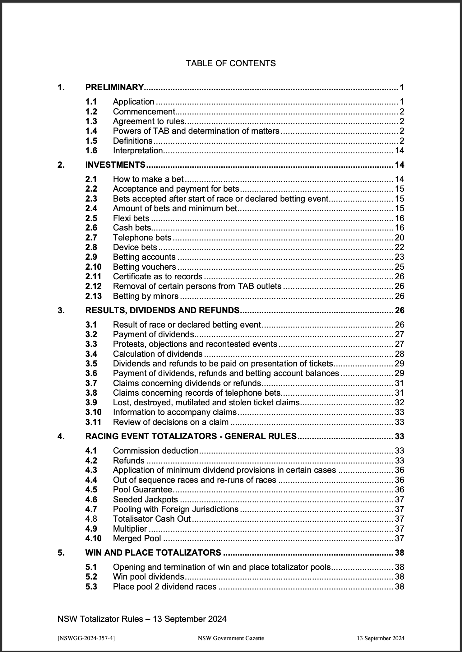 NSW Totalizator Betting Rules (Racing)