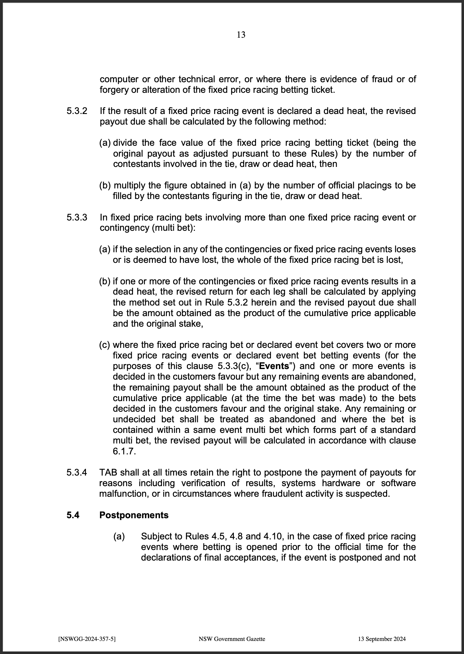 TAB Limited Fixed Price Racing Betting Rules