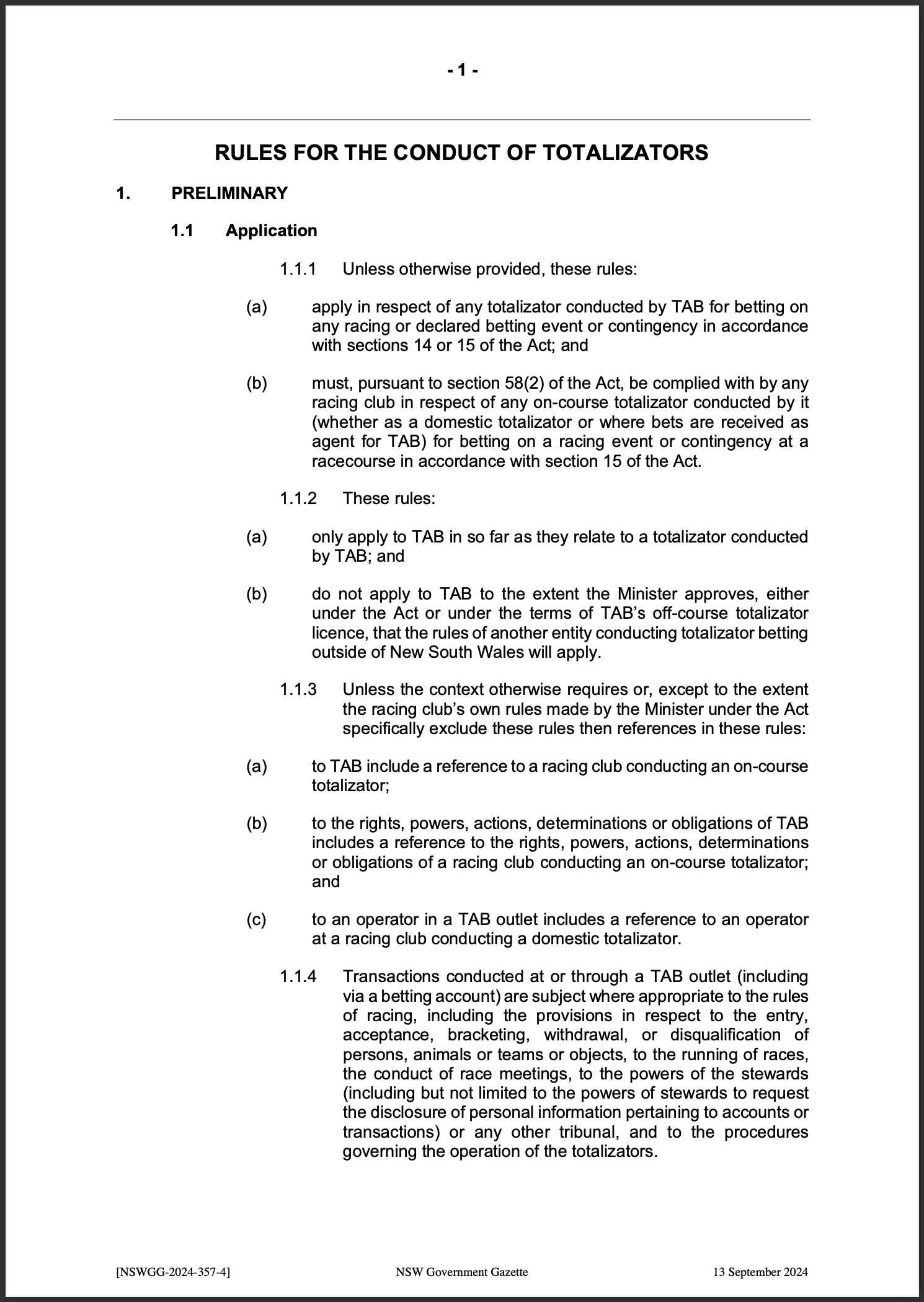 NSW Totalizator Betting Rules (Racing)