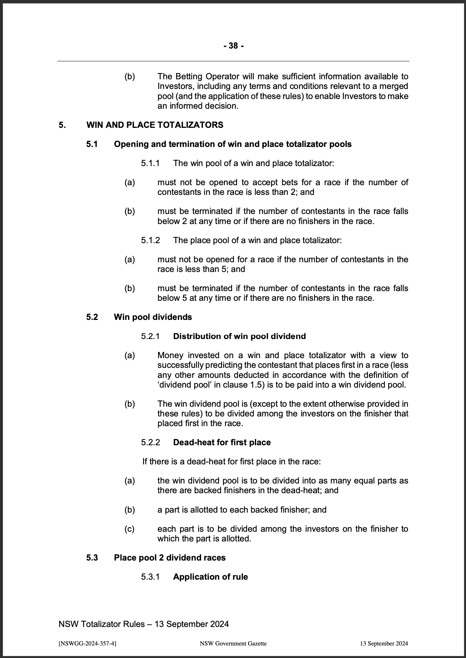 NSW Totalizator Betting Rules (Racing)