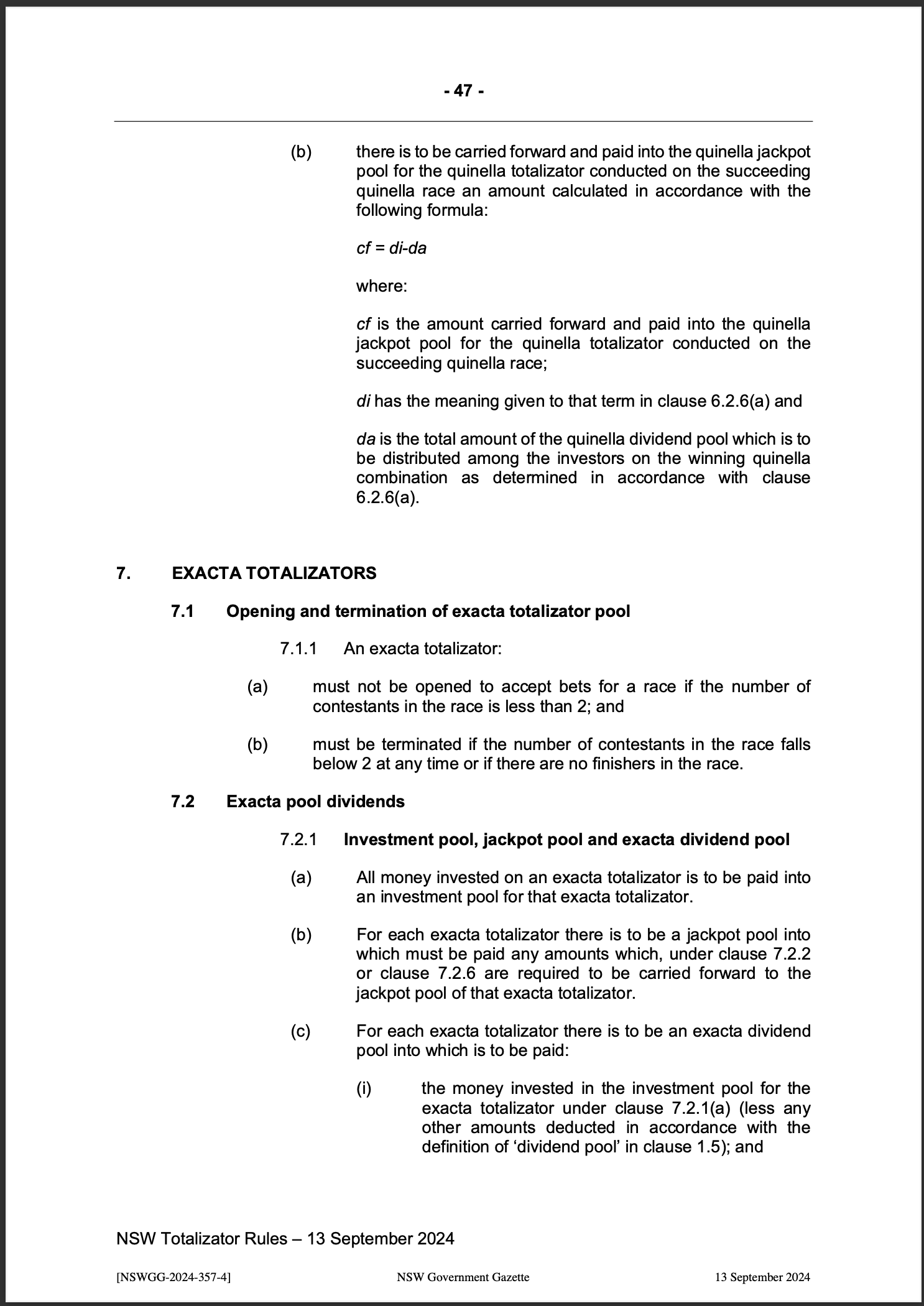 NSW Totalizator Betting Rules (Racing)