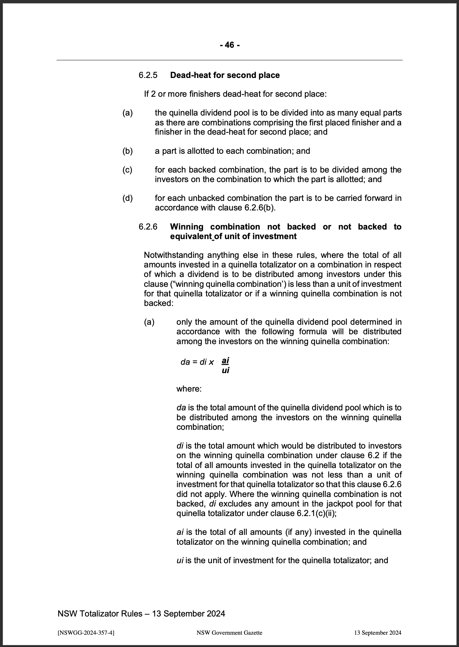 NSW Totalizator Betting Rules (Racing)