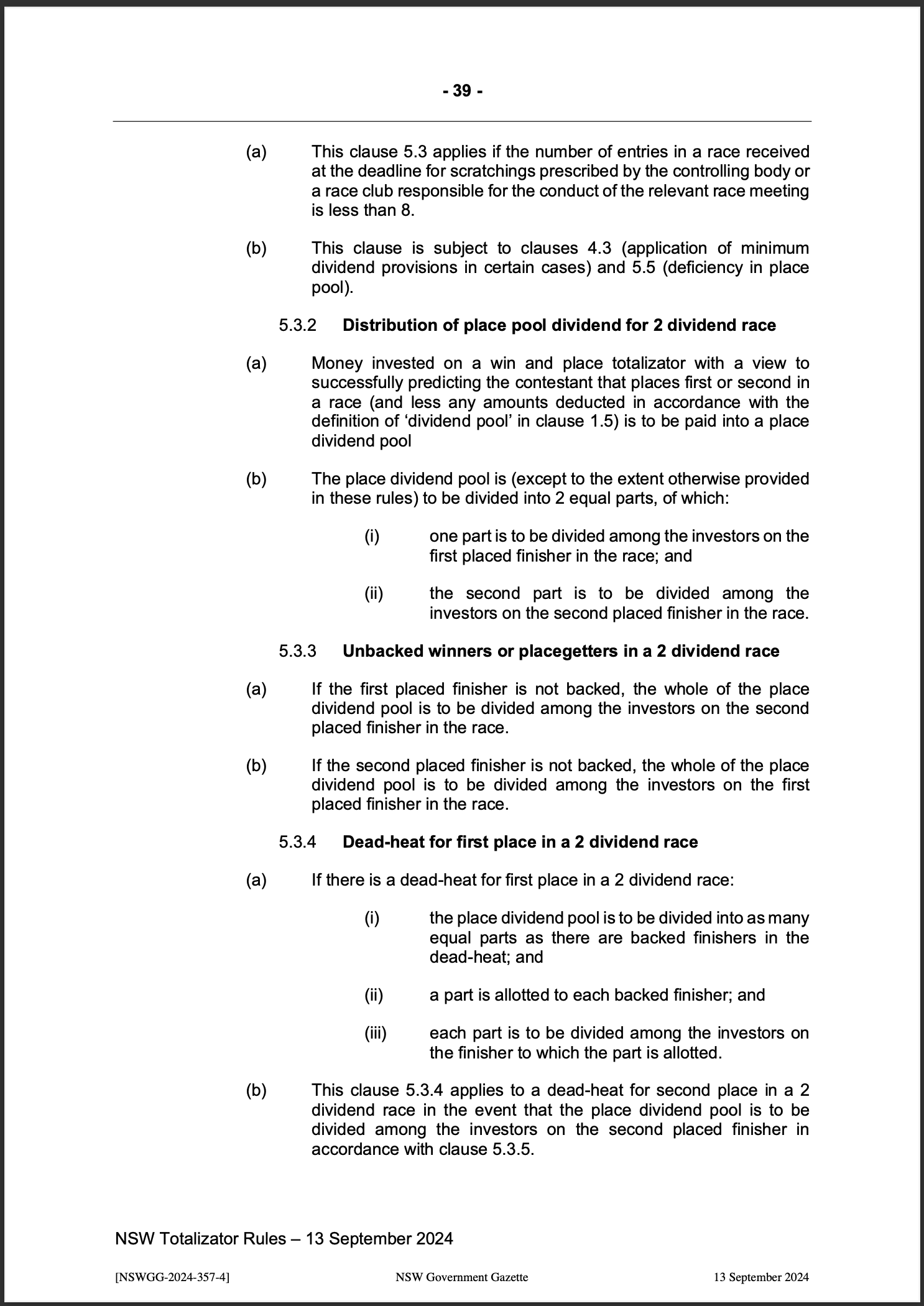 NSW Totalizator Betting Rules (Racing)